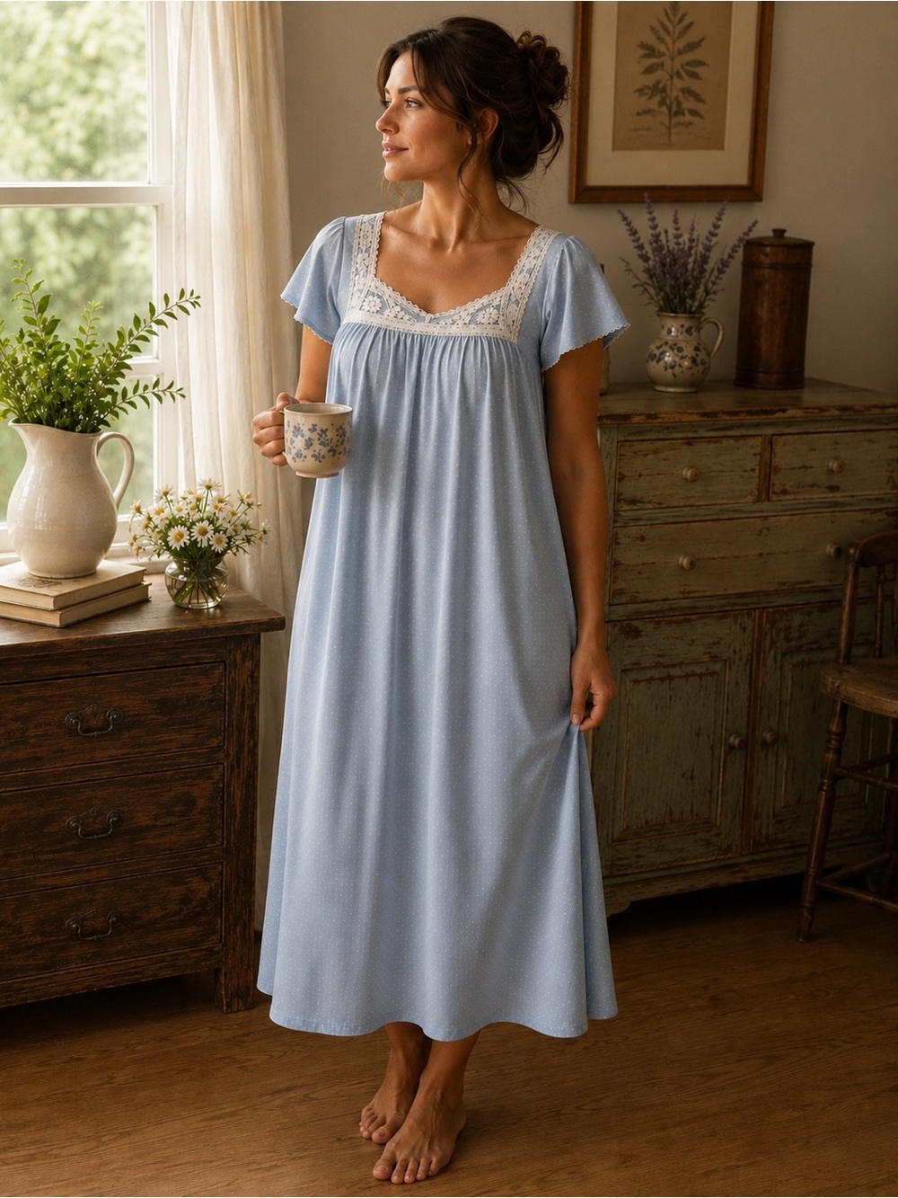 Charter Club Intimates Blue Polka Dot Cotton Nightgown | Lace Trim | XL